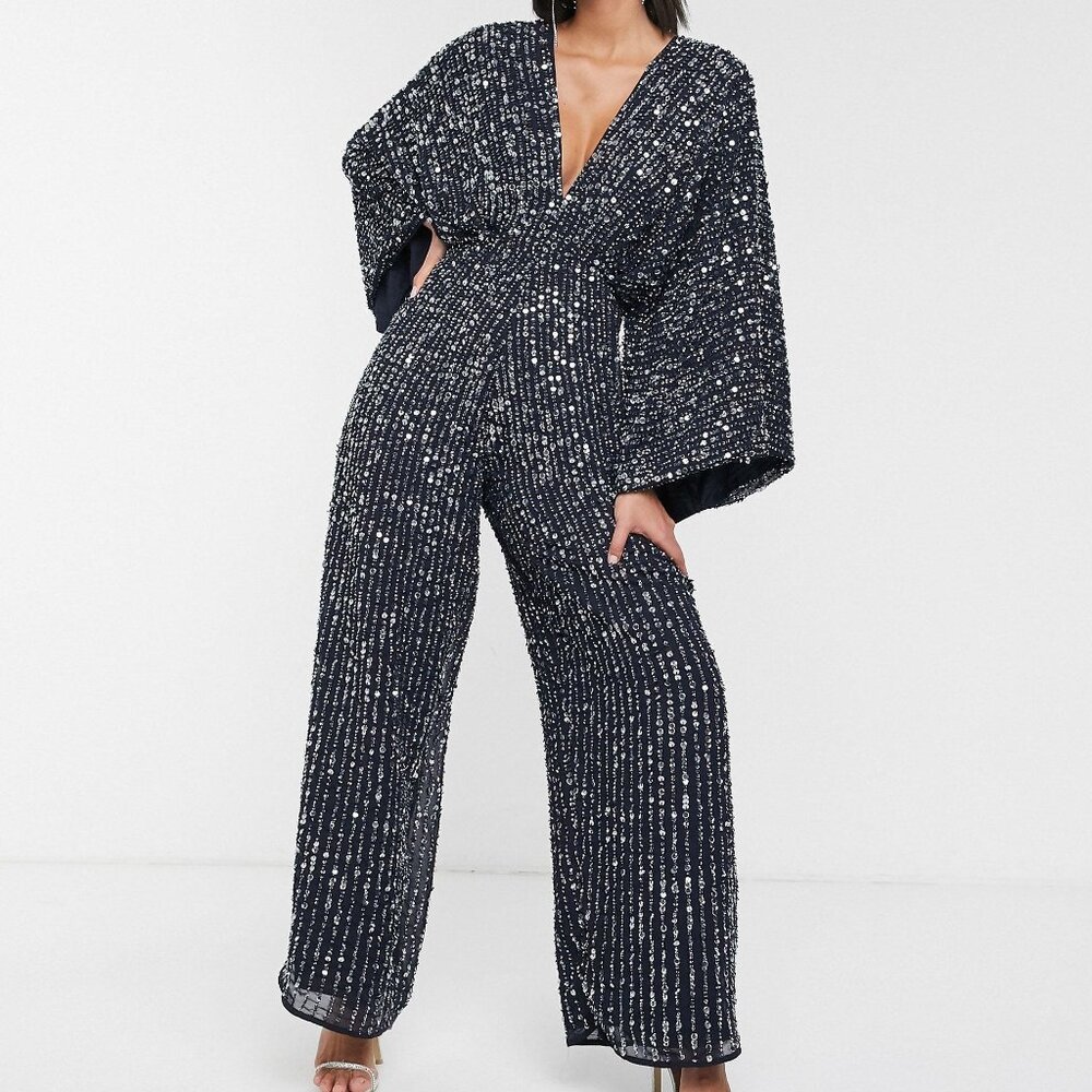 Sequin Kimono Sleeve Wide Leg Jumpsuit (Size 12)